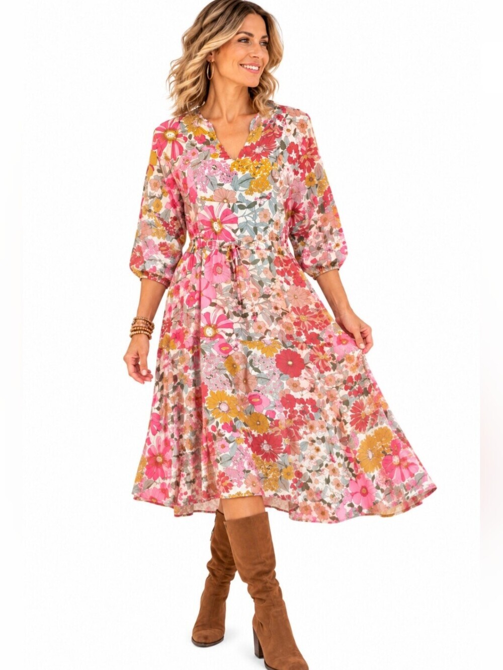 Entro Floral Maxi Dress Women Medium Boho Cottagecore 3/4 Sleeve V Neck Lined - Picture 1 of 11